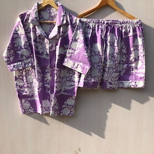 Hand Block Print short Pajamas, floral Print Pure Cotton Pj’s, Pajamas Set ,Indian Cotton,Night Wear, Soft Cotton Night Suit- Gift for her