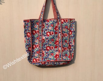 Hand Block Print Quilted Cotton Tote: Floral Hippie Market Bag