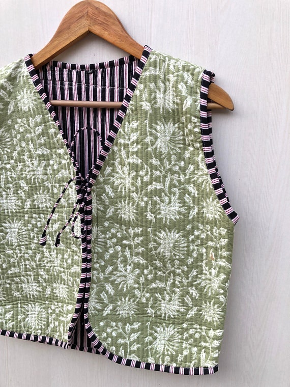 Floral Block Print Quilted Vest: Boho Cotton Tie Front Jacket
