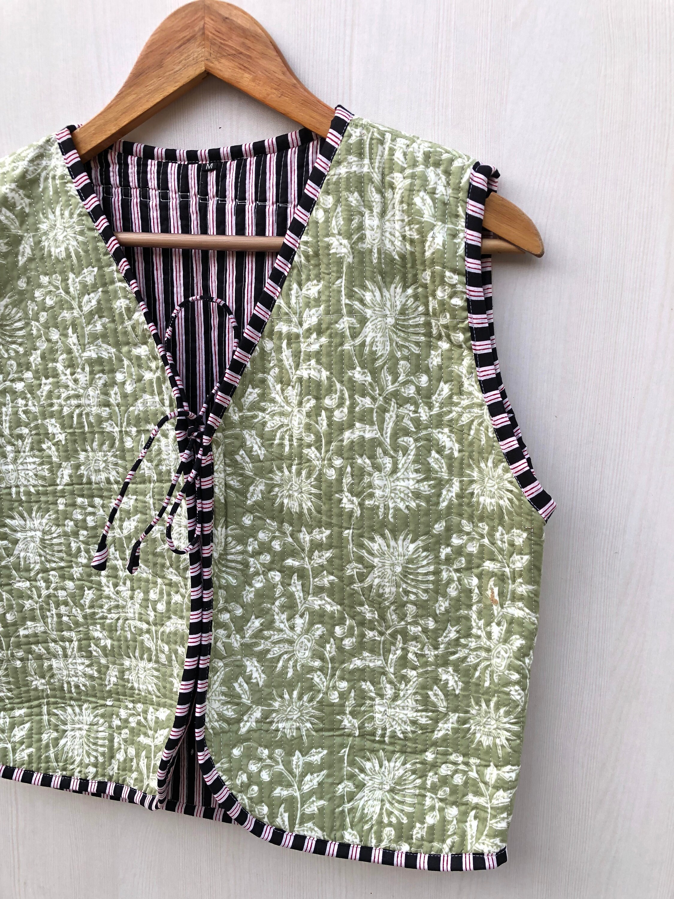 Floral Block Print Quilted Vest: Boho Cotton Tie Front Jacket