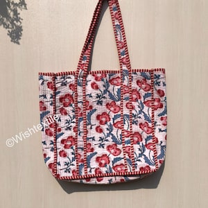 Hand Block Print Handmade Quilted Tote Shopping Bag, Floral Print Cotton Market Bag, Jhola Bag, Hippie Bag, Market Bag Gift For Her.