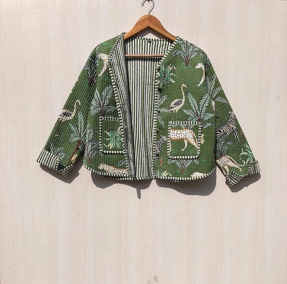 Handmade Jungle Print Quilted Jacket: Boho Button-Up Coat