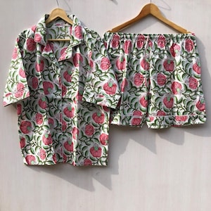 Hand Block Print short Pajamas, floral Print Pure Cotton Pj’s, Pajamas Set ,Indian Cotton,Night Wear, Soft Cotton Night Suit- Gift for her