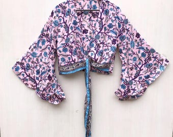 Silk Bell Sleeve Crop Top: Boho Festival Wrap Blouse