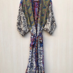 Long silk kimono, Boho Lounge Dress, Dressing gown, Vintage Kimono with Belt, Christmas Gift, Gifts for Her
