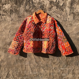 Handgemaakte patchwork katoenen gewatteerde jas: Omkeerbare boho winterjas (alle maten)