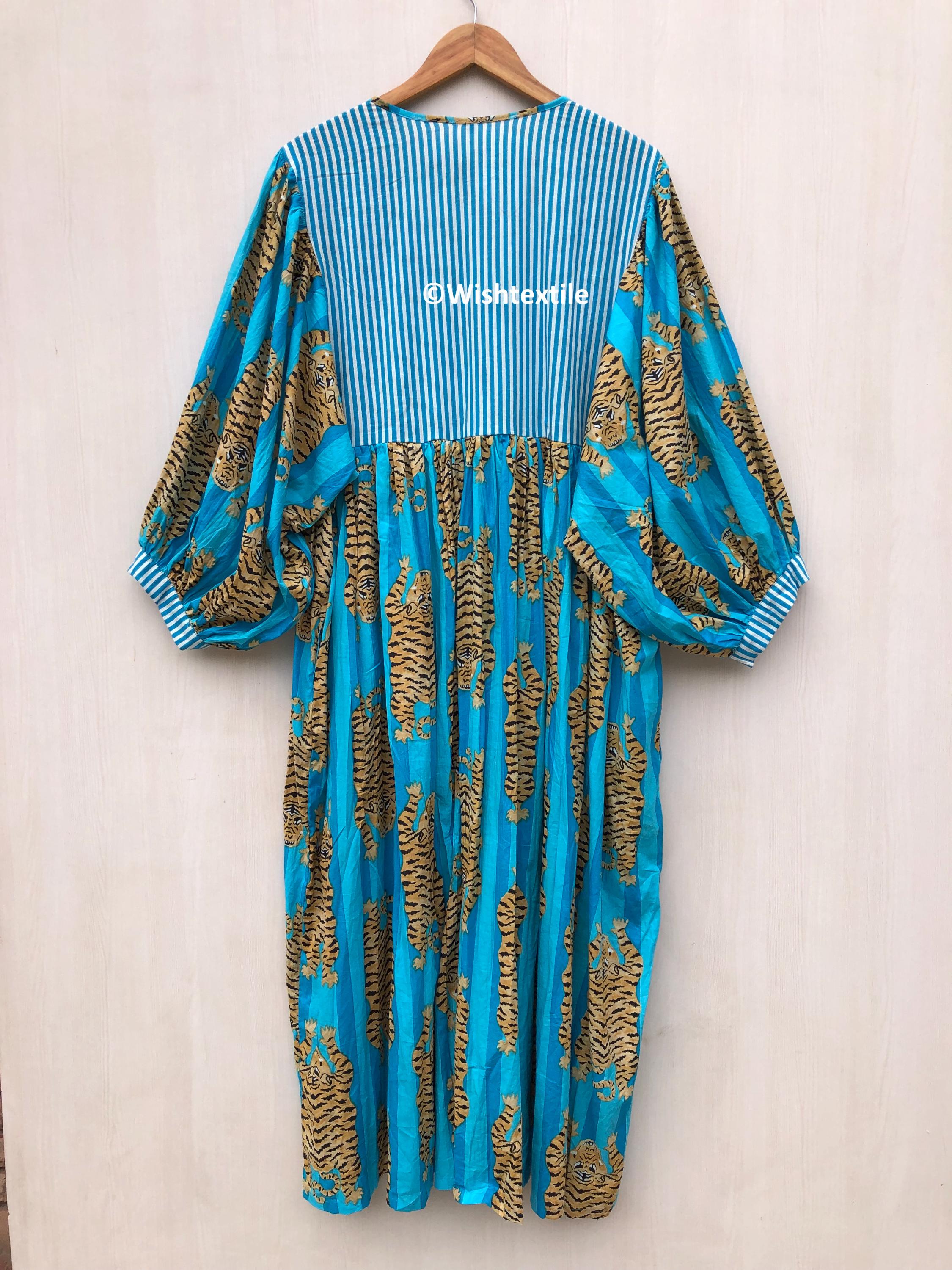 blue tiger dress Stripes Print Cotton Gauze Midi KissProm A-Line White Satin StockTake(07-09-26) Size:32 made from soft cotton