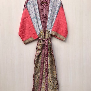 Vintage Silk Sari Kimono Robe: Indian Beach Cover Gown