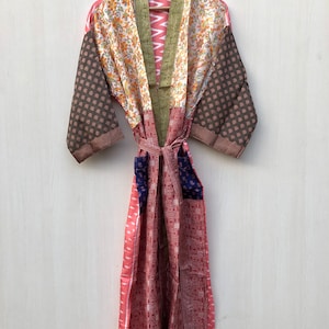 Silk Blend Kimono Robe: Bohemian Lounge Wear, Plus Size Dressing Gown