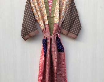 Silk Blend Kimono Robe: Bohemian Lounge Wear, Plus Size Dressing Gown