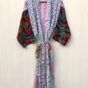 Silk Sari Kimono Robe: Floral Paisley Duster, Boho Beach Coverup