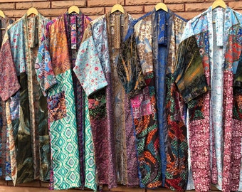 Wholesale Lot of 15 Vintage Silk Kimono Robes: Floral Indian Sari