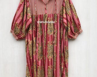 Block Print Cotton Gauze Dress: Brown Stripes Tiger Midi Dress - Etsy UK