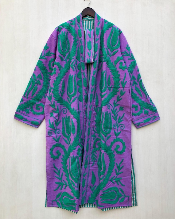 Embroidered Cotton Suzani Kimono Jacket: Long Winter Coat