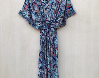 Recycled Silk Kaftan Dress, Bohemian Maxi, Hand Embroidered Kimono Jacket