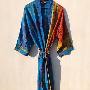 Boho Crepe Silk Kimono Robe: Recycelter Sari-Stoff | Boho Außen Kimono | Geschenk für sie