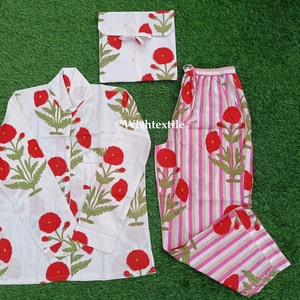 Floral Print Cotton Pajama Set: Indian Nightwear, Soft PJs