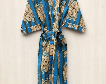 Tiger Print Cotton Kimono Robe: Indian Style Bath Robe