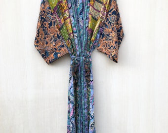 New Silky Sari Boho Kimono Regal House Robe - Luxury Lounge Digital Print Flowy Gown | Royal Pastel Steel Grey Blue Paisley Duster Coverup