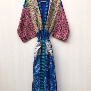 Long silk kimono, Boho Lounge Dress, Dressing gown, Vintage Kimono with Belt, Christmas Gift, Gifts for Her