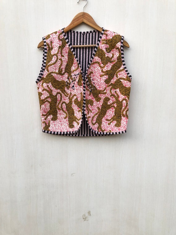 Floral Block Print Quilted Vest: Boho Tie Front Cotton Jacket