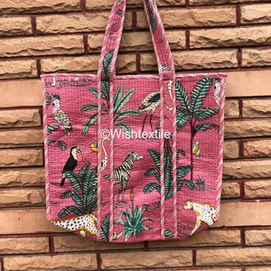 Handmade Quilted Tote Shopping Bag, Tiger Print Cotton Market Bag, Jhola Bag, Hippie Bag, Market Bag Gift For Her.