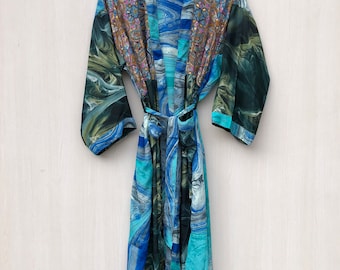 Woman silk kimono, Vintage kimono, Boho kimono, Silk dressing gown, Christmas gift, Gifts for her.