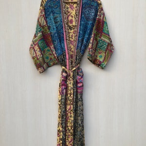 Silky Sari Kimono Robe: Boho Paisley Duster, Beach Coverup