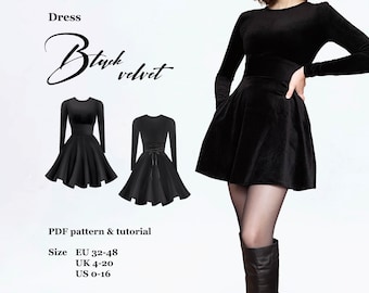 Mini dress with pockets and snatched waist, Black Velvet, A4 and A0 PDF sewing pattern with Youtube tutorial, size EU32-48/ UK4-20/ US0-16