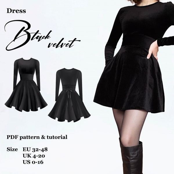 Mini dress with pockets and snatched waist, Black Velvet, A4 and A0 PDF sewing pattern with Youtube tutorial, size EU32-48/ UK4-20/ US0-16