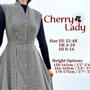 May include: A black and white checked dress with a button-down front and a high collar. The dress has a flared skirt. The text "Cherry Lady" is displayed in red, along with size and height options.