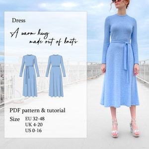 Long simple knit dress, Warm Hug Made Out Of Knits, A0 and A4 PDF sewing pattern with Youtube tutorial, size EU32-48/ UK4-20/ US0-16