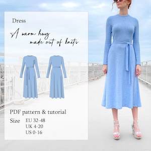 Long simple knit dress, Warm Hug Made Out Of Knits, A0 and A4 PDF sewing pattern with Youtube tutorial, size EU32-48/ UK4-20/ US0-16