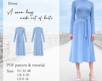 Long simple knit dress, Warm Hug Made Out Of Knits, A0 and A4 PDF sewing pattern with Youtube tutorial, size EU32-48/ UK4-20/ US0-16