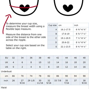May include: A chart showing bra sizing in both inches and centimeters. The chart includes cup sizes A through E, underbust measurements in inches and centimeters, and waist measurements in inches and centimeters.