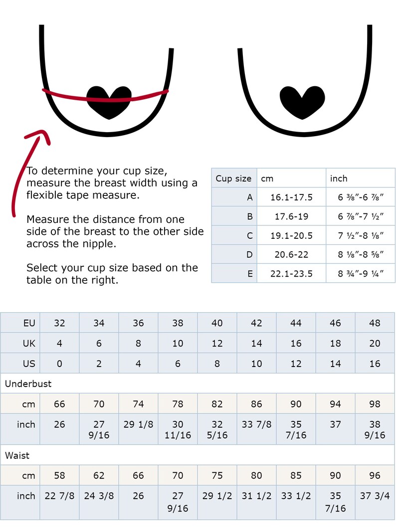 May include: A chart showing bra sizing in both inches and centimeters. The chart includes cup sizes A through E, underbust measurements in inches and centimeters, and waist measurements in inches and centimeters.
