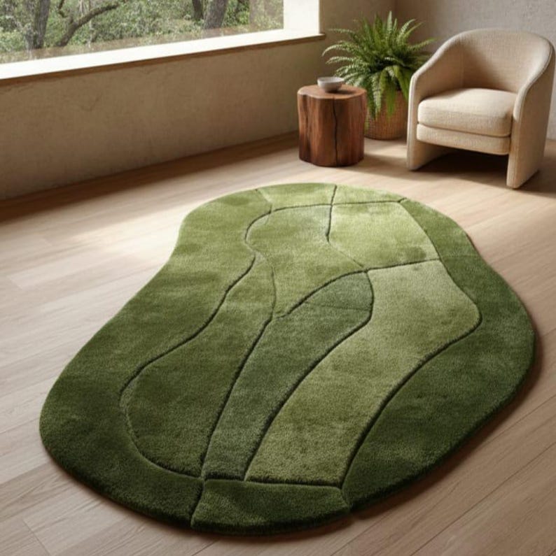 Green Landscape Hand Tufted Area Rug | Soft Textured Wool Carpet ...