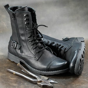 Botas pretas masculinas de cano alto – Botas de couro italiano para motociclista, estilo militar, feitas à mão.