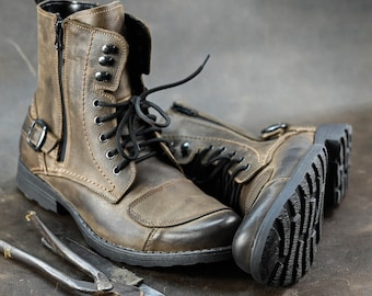 Men’s Brown Leather High Boots – Combat Style Handmade Footwear, Motorcycle Boots