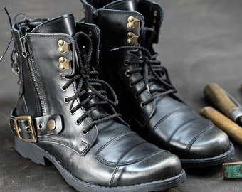 Schwarze italienische Lederstiefel für Herren - Motorrad-Stiefel, handgefertigte Schuhe im Kampfstil