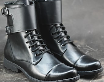 Handgemaakte zwarte leren gevechtslaarzen voor heren – dubbele gespsluiting – militaire veterstijl