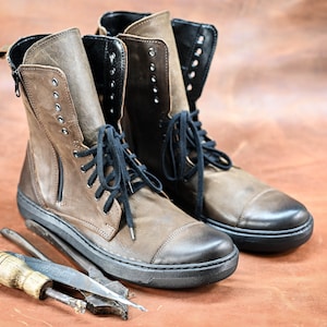 Handgemaakte Italiaanse leren laarzen, hoge herenlaarzen, leren laarzen heren, handgemaakte leren schoenen, gevechtslaarzen, bruine laarzen, nr. Liam