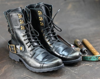 Botas de moto de cuero italiano hechas a mano, botas altas para hombre, botas de cuero para hombre, botas de cuero hechas a mano, botas de combate, botas negras, núm. Hijo