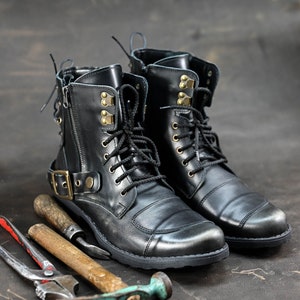 Handmade Italian Leather Motorcycle Boots, Men's High Boots, Leather Boots Men, Handmade Leather Boots, Combat Boots, Black Boots, no. Chad image 2