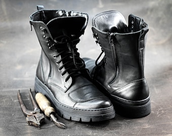 Gregory Men's Black Leather Combat Boots | Motorcycle-Inspired Military Boots | Heavy Duty Urban Style Boots, Handmade Italian Leather Boots