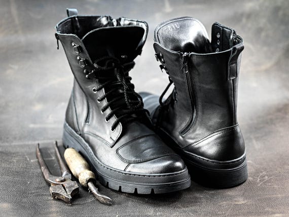 Gregory Men's Black Leather Combat Boots | Motorcycle-Inspired Military Boots | Heavy Duty Urban Style Boots, Handmade Italian Leather Boots