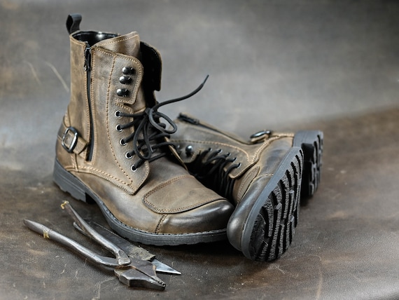 Men's Brown Leather High Boots - Combat Style Handmade Footwear, Motorcycle Boots Men's Brown Leather High Boots - Combat Style Handmade Footwear, Motorcycle Boots