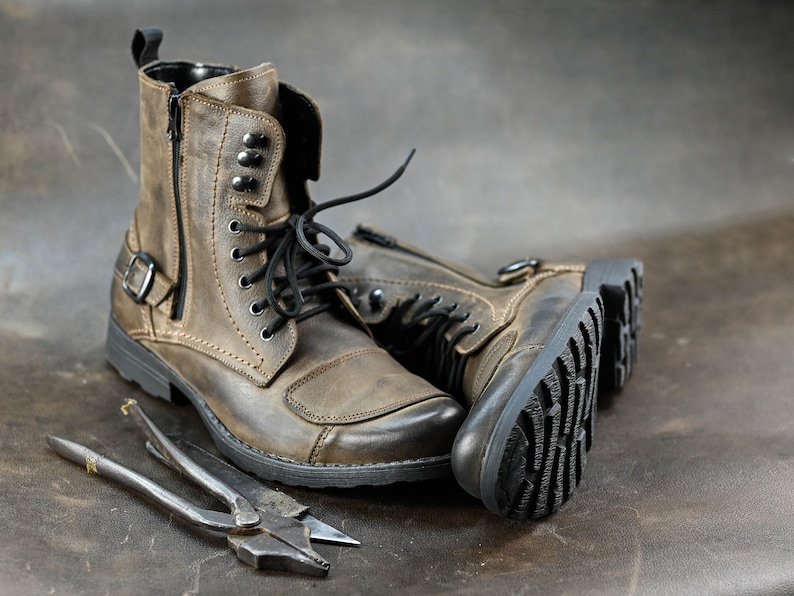 Men’s Brown Leather High Boots – Combat Style Handmade Footwear, Motorcycle Boots image 1