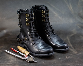 Botas de moto de cuero italiano hechas a mano, botas altas para hombre, botas de cuero para hombre, botas de cuero hechas a mano, botas de combate, botas negras, núm. Hijo