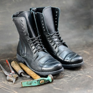Handmade Italian Leather Motorcycle Boots, Men&#39;s High Boots, Leather Boots Men, Handmade Leather Boots, Combat Boots, Black Boots, no.Hunter